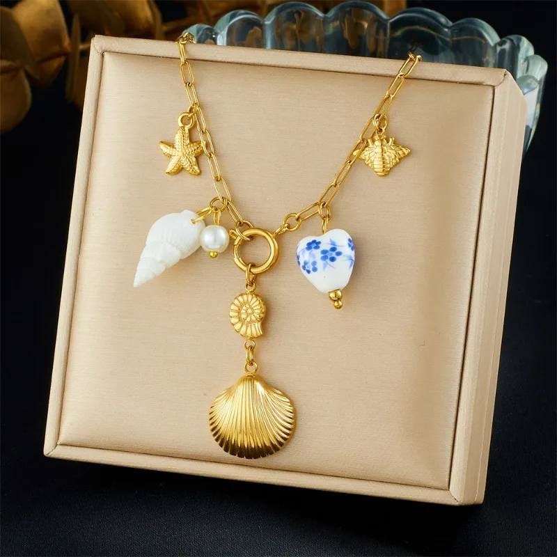 

Minar 2025 New Arrival Floral Ceramic Heart Trumpet Shell Star Scallop Pendant Necklace for Women Titanium Steel 18K Gold Choker