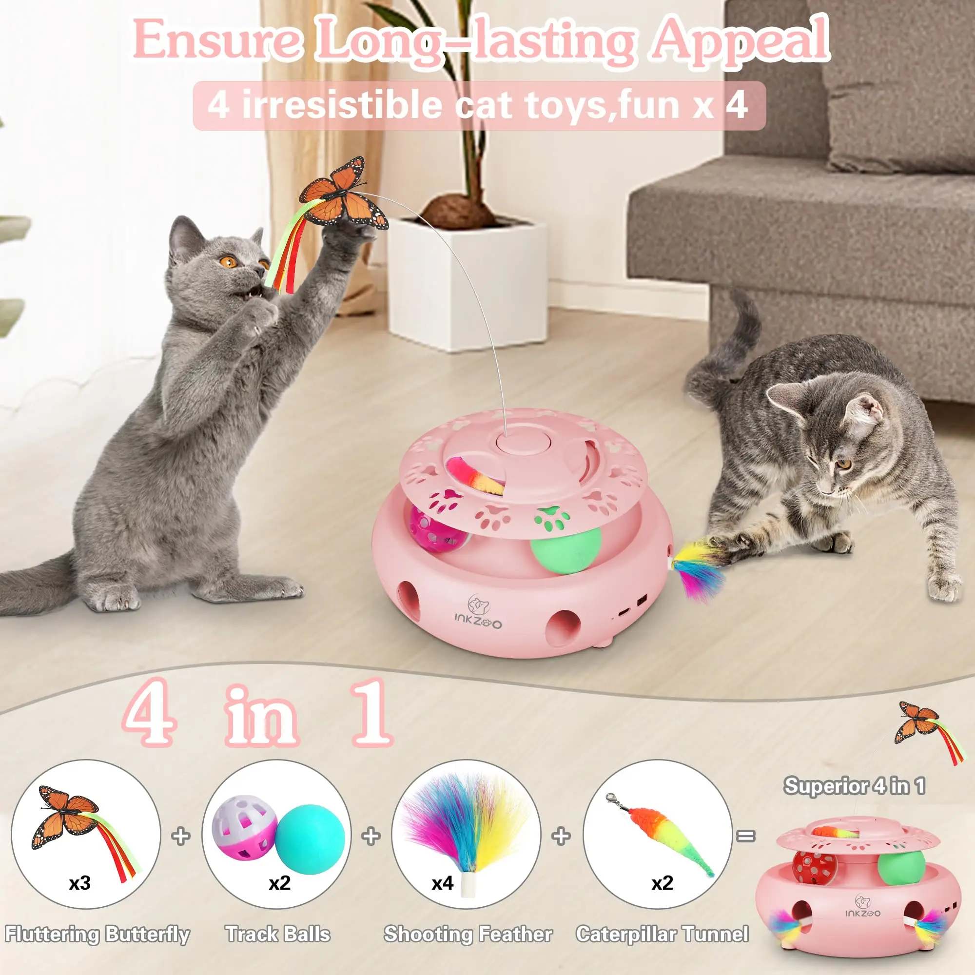 INKZOO 4-in-1 Interactive Cat Toys for Indoor Cats, Automatic 6 Holes Mice Whack-A-Mole, Fluttering Butterfly, Track Balls, USB