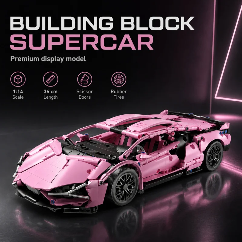 

1:14 Pink Building Block Supercar Model 36cm Sports Car Toy with Scissor Doors Rubber Tires Collector Display Gift for Adults
