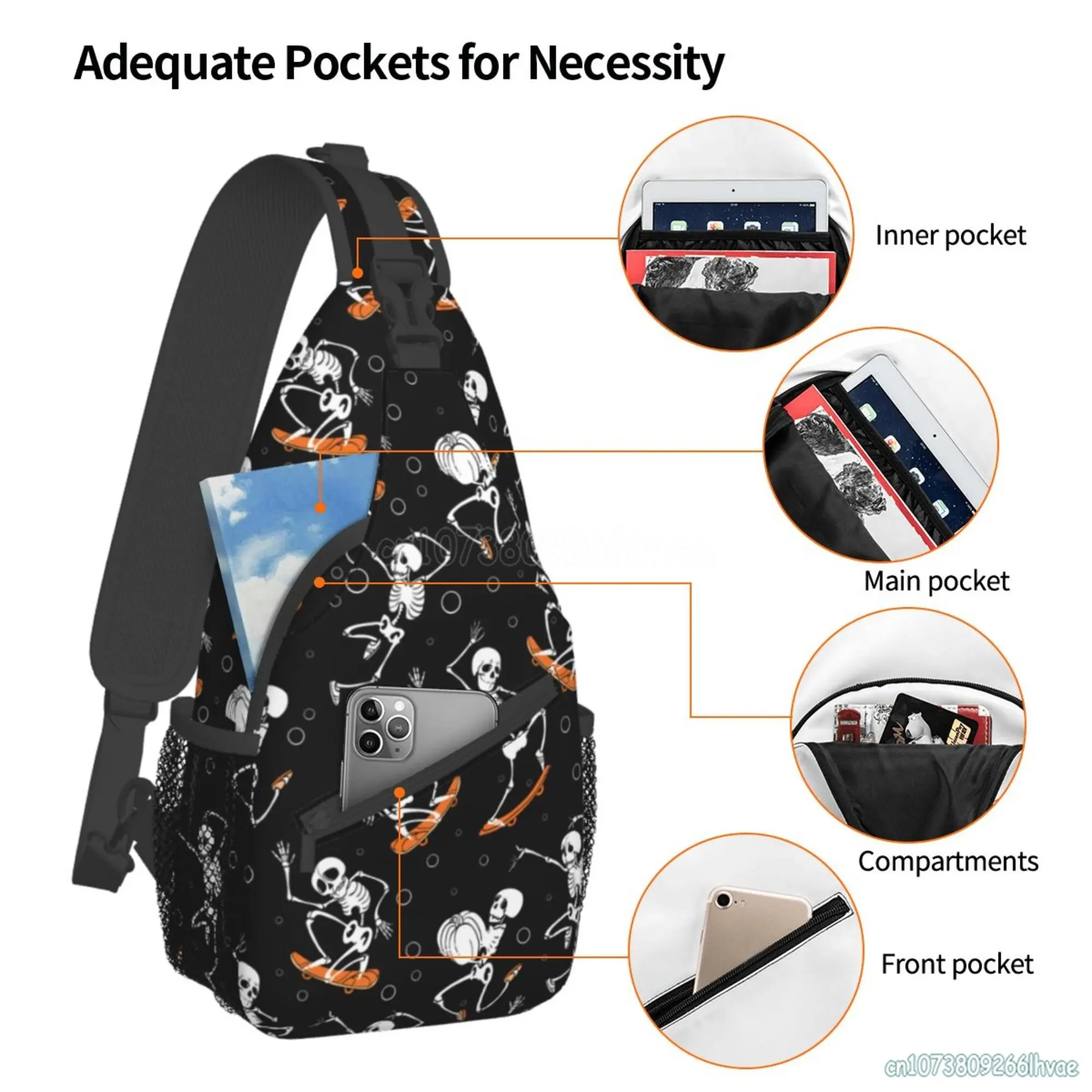 Divertente Skateboard Skull Party Sling zaino Unisex Fashion Casual Chest Bags Soft Crossbody Daypack per viaggi escursionismo campeggio