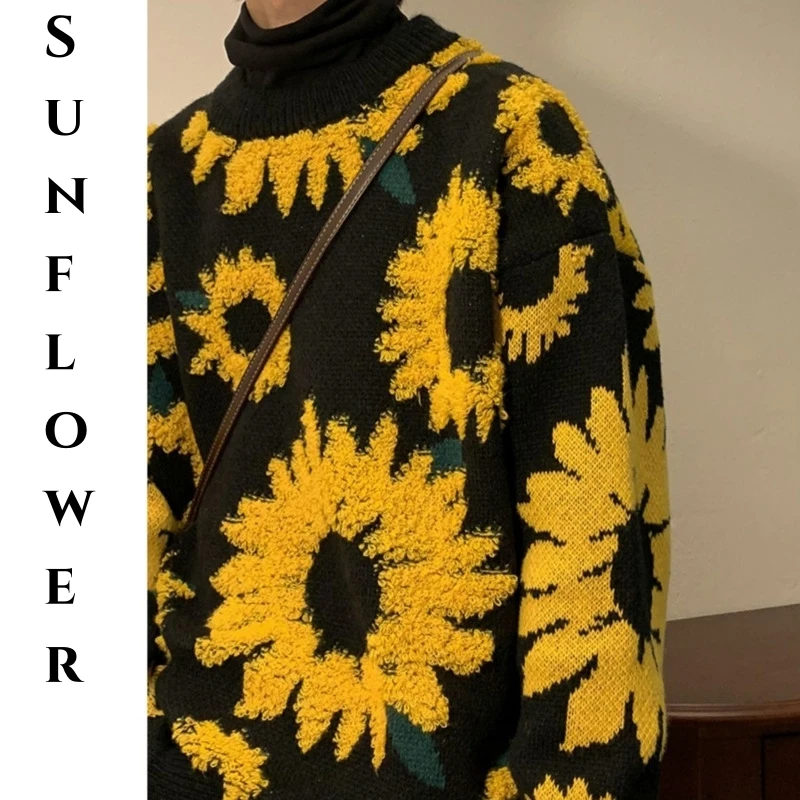 

Fashion Brand Autumn Winter Retro Flocking Sunflower Sweater Men Women O-Neck Pullover Oversize Knitted Top Casual Streetwear