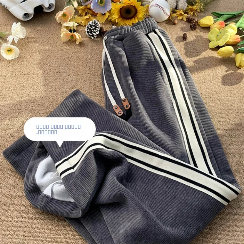 

Men's Winter Thiened Fce Lined Corduroy Sport Pants Straight Loose Stripe Casual Trousers Faionable Youth Active Sle