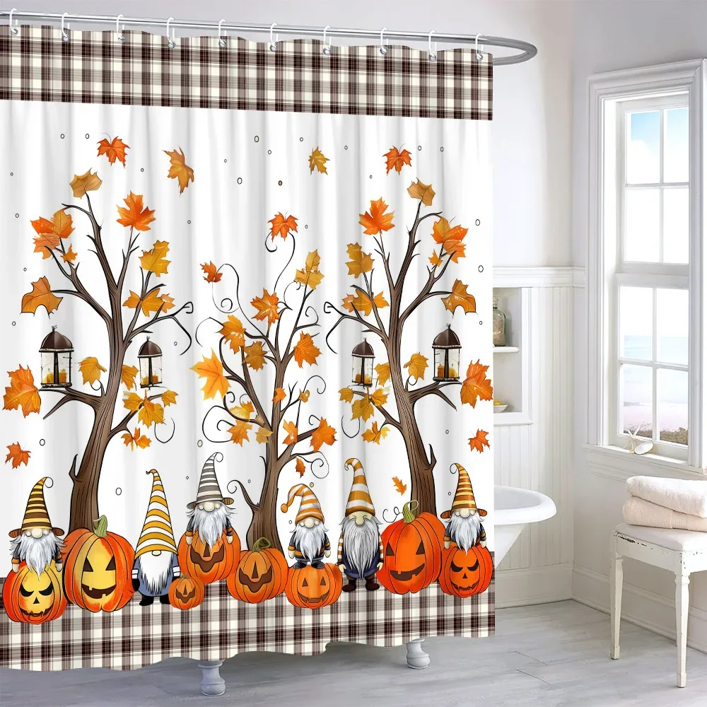 Autumn Watercolour Leaves Pumpkin Shower Curtain Maple Leaves Thanksgiving Gift Polyester Printed Shower Curtains Bathroom Decor