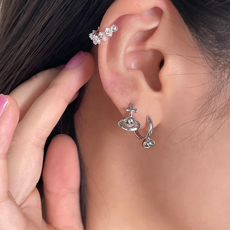 925 Sterling Silver Cute Cross Saturn Planet Hoop Earrings For Woman Christmas Gifts Piercing Jewelry Aretes De Mujer Party Gift