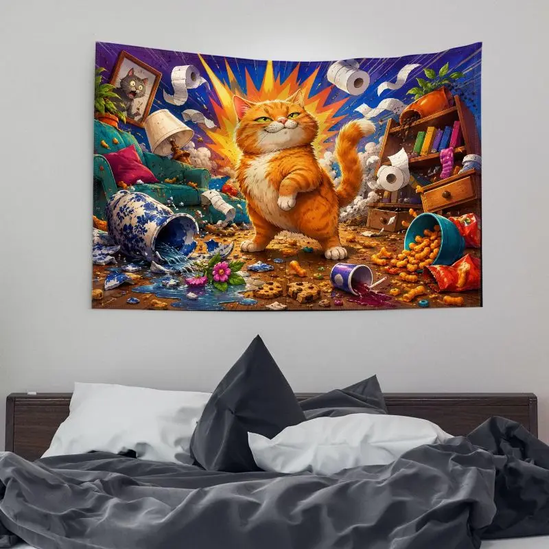 VIKAMA Mischievous Fat Orange Cat Tapestry Fun Cartoon Art Hanging Cloth Living Room Bedroom Home Wall Decoration