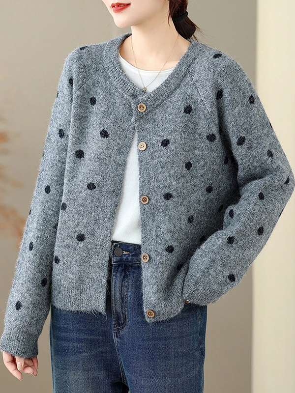 

Ele в горошек круглый вязаный открытый кардиган женский осенне-зимний свободный ленивый мягкий уютный свитер джет топ