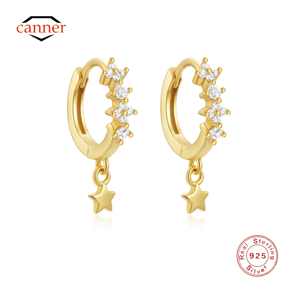 CANNER 925 Sterling Silver Smooth Star Pendant Drop Earrings For Women 18K Gold Ins Zircon Hoop Earrings Fine Jewelry Gifts