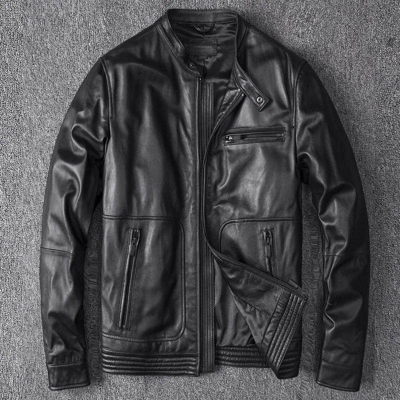 

New leather men's short top-grain stand-up collar motorcycle a and stylish coat