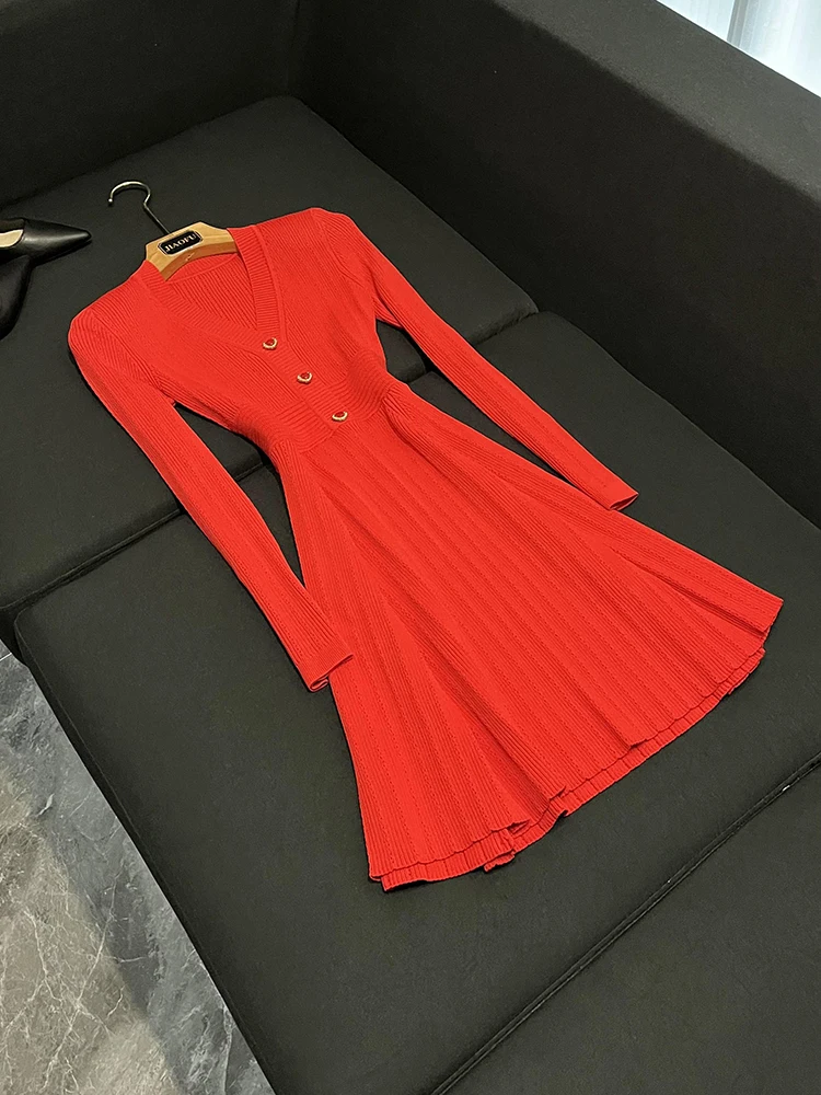 

Ele Knitted V-Ne Slim Fit Dr with Heart Bule for Ladies Faionable Ci Commute Wear Spring Autumn Winter Season