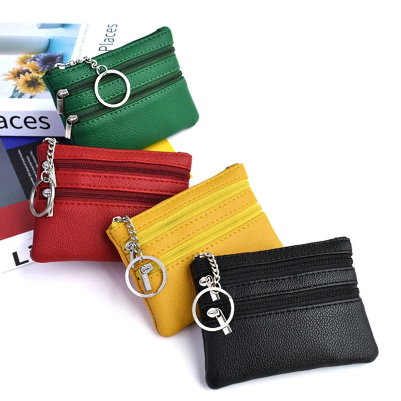 1Pc Solid Color Leather Women's Wallet 3 Zippers Coin Purse Coin Wallet Keychain Card Cash Holder Bag