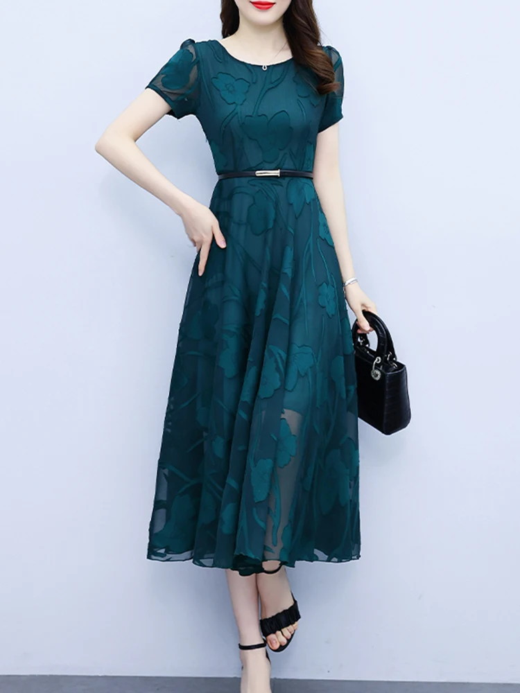 Green Women 2024 New Chiffon Vintage Casual Floral Dress Short Sleeve Black Elegant Beach Robe Chic Long Tunics Prom Dresses For