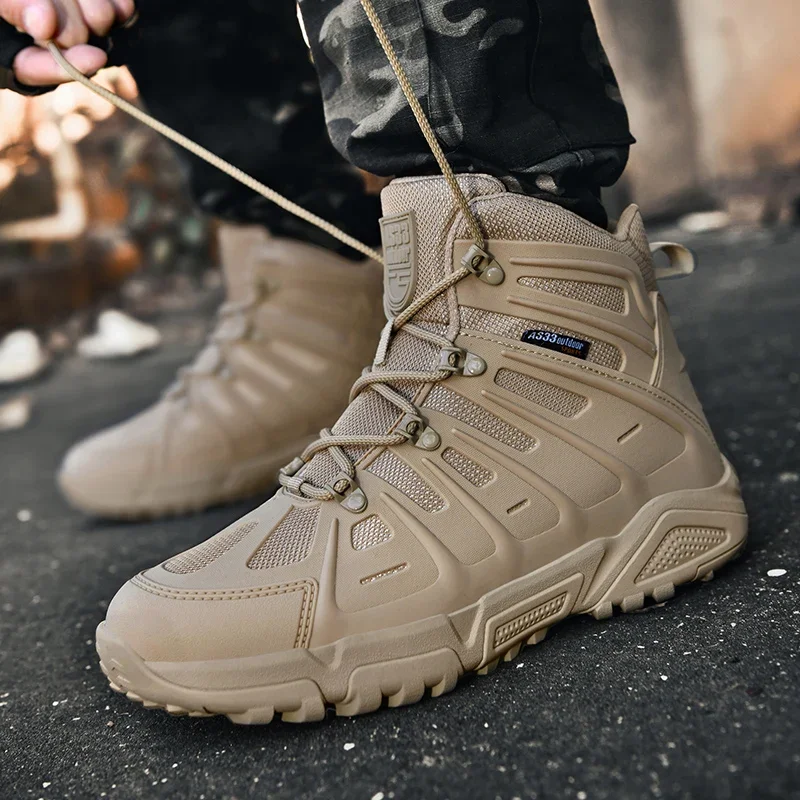 Men High-top Military Boots Outdoor Training Breathable Anti Slip Wear Resistant Climbing Hiking Desert Field Training Shoes