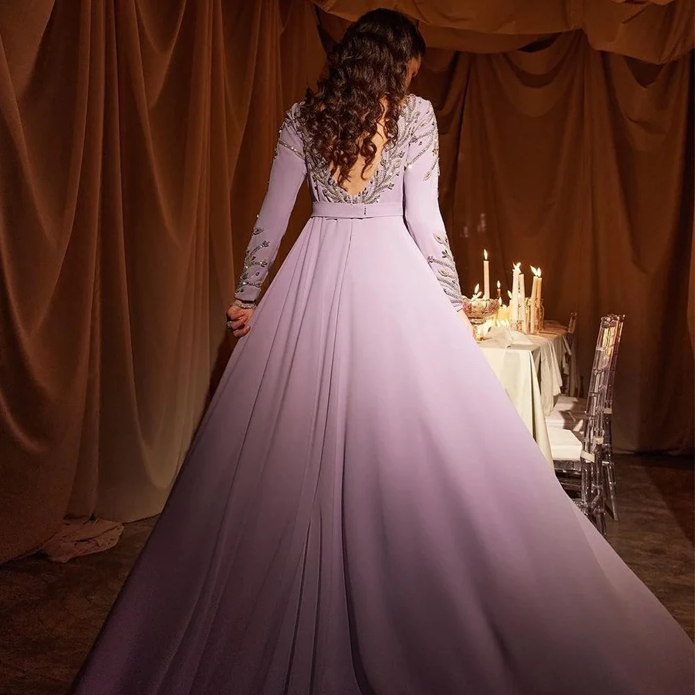 Abito da sera squisito lilla personalizzato scollo a barca maniche lunghe perline di cristallo sirena abiti da ballo di lusso abito da festa lungo fino al pavimento