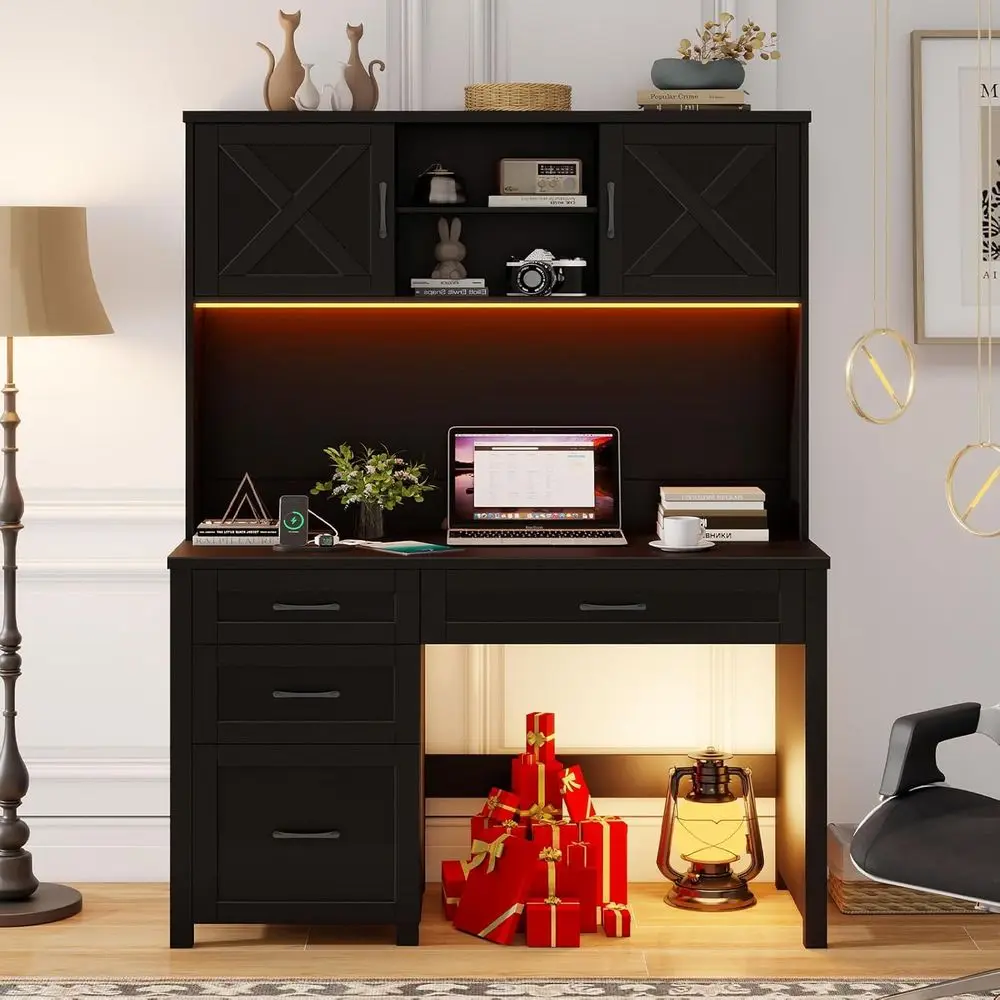 

Высокий офисный стол 67 High Executive Desk с выдвижной секцией, 4 ящиками, светодиодной подсветкой, шкафом для хранения и зарядной станцией, идеально подходит для офиса и кабинета, черный