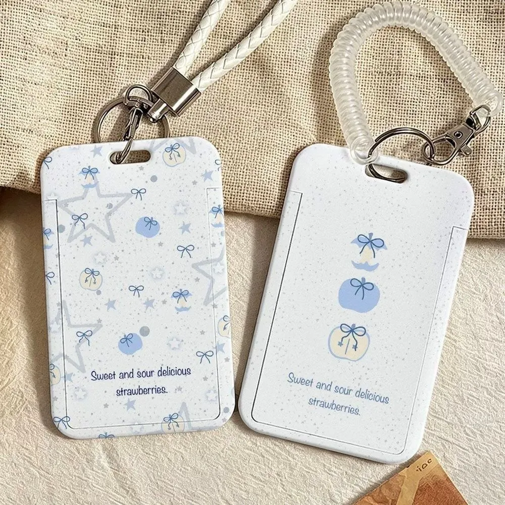 Hard Plastic Card Holder Polka Dots Blue Star Pattern ID Badge Holder Slide Cover with Wrist Lanyard Access Control Card Holder