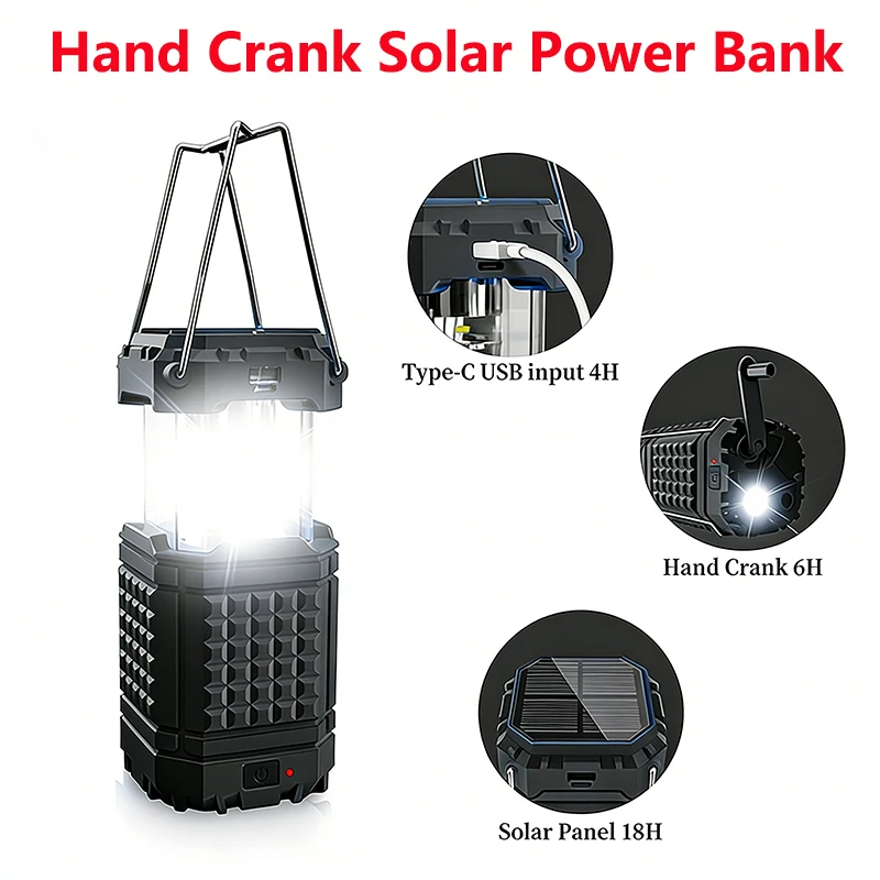 

Hand Crank Solar Power Bank 5000mAh with LED Camping Light Portable External Battery Charger Powerbank for Phone Outdoor Camping