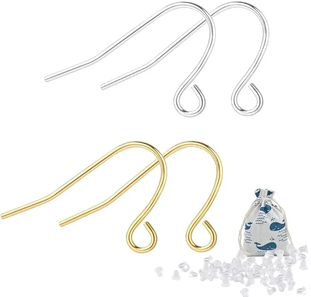 

200Pcs 925 Sterling Silver & 14K Gold Earring Hooks with Rubber Backs for DIY Jewelry Making