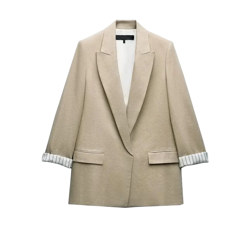 

Spring Commuter Sle Mixed Fibre Linen Roll Sve Opening Front Coat Long Sve Regular Fit Single Button Ladies Suit