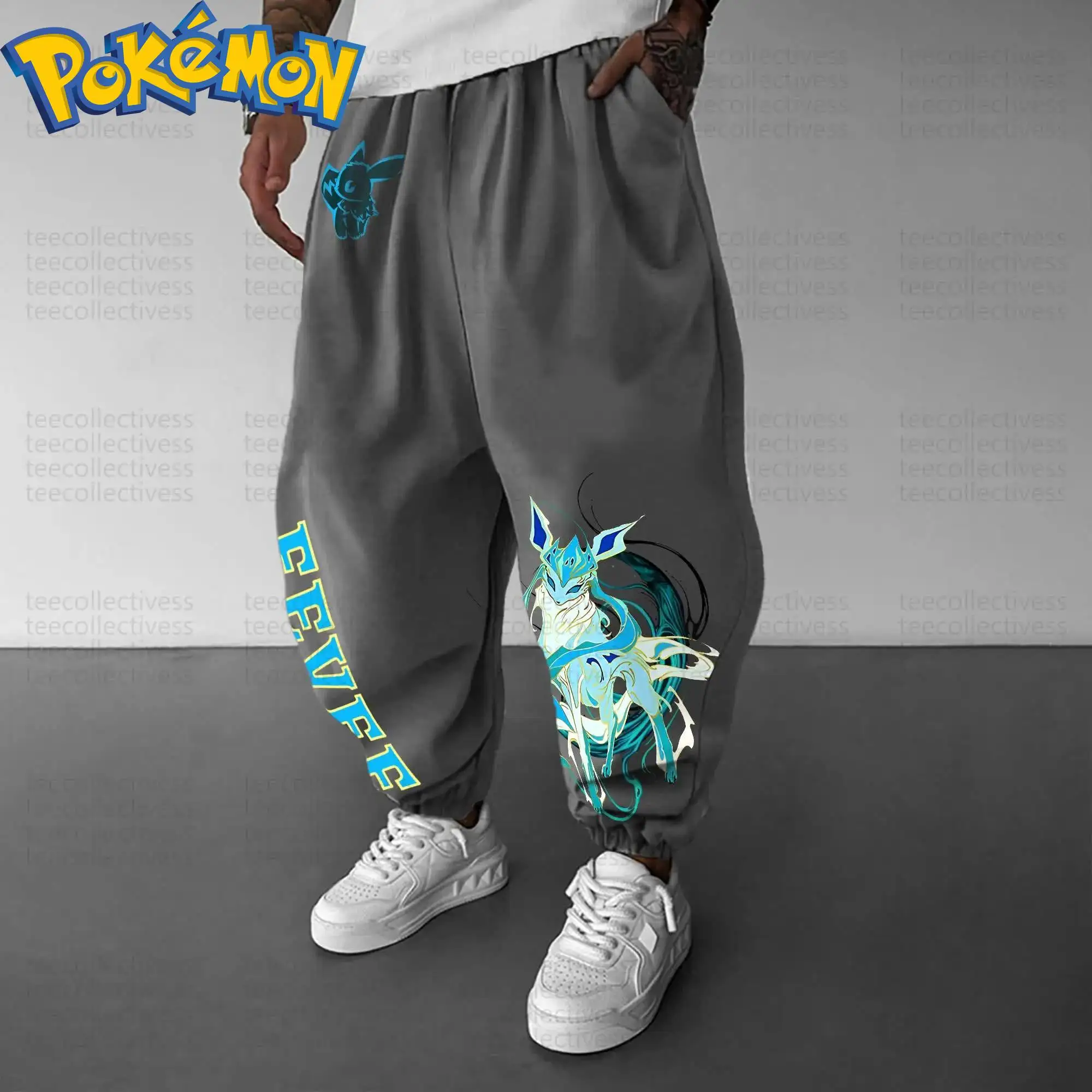 طقم سراويل هاراجوكو بغطاء للرأس من القطن من Pokemon Anime Eevee مطبوع عليه شخصية رمادية مع نمط دوامة أزرق وأخضر مكون من قطعتين ملابس غير رسمية