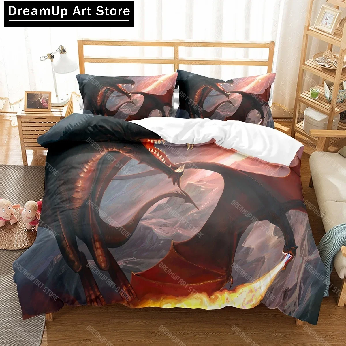

Fly Dragon King Queen Duvet Cover Western Sci-fi Dragon Bedding Set Men Boys Magic Animal Quilt Cover Polyester Comforter Cover