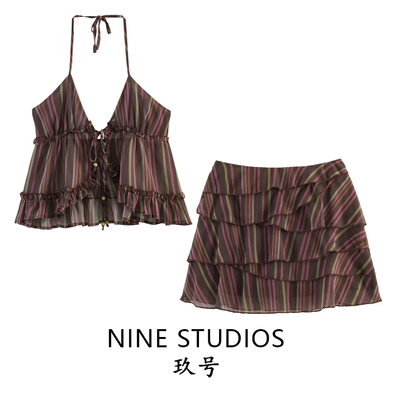 

NINE ZAR Women's Fashion Set Metal Color Line Pattern Short Top Skirt Pants Spring Season Sleeveless Short Length