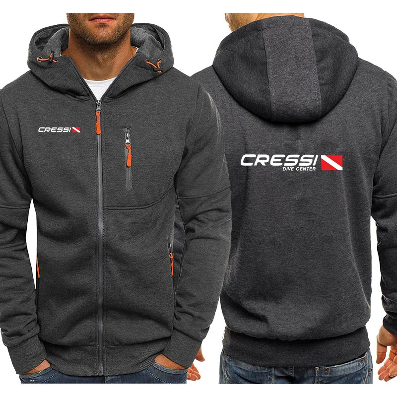 Scuba Dive Cressi 2024 Men's New Long Sleeve Printing Solid Color Zipper Hooded Jacket Casual fashion Sweatshirt Pullover Tops