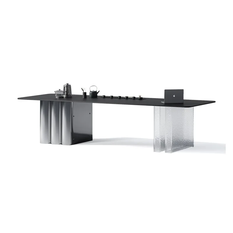 

Italian light luxury tea table and chair combination home office stainless steel tea table modern simple acrylic rock plate