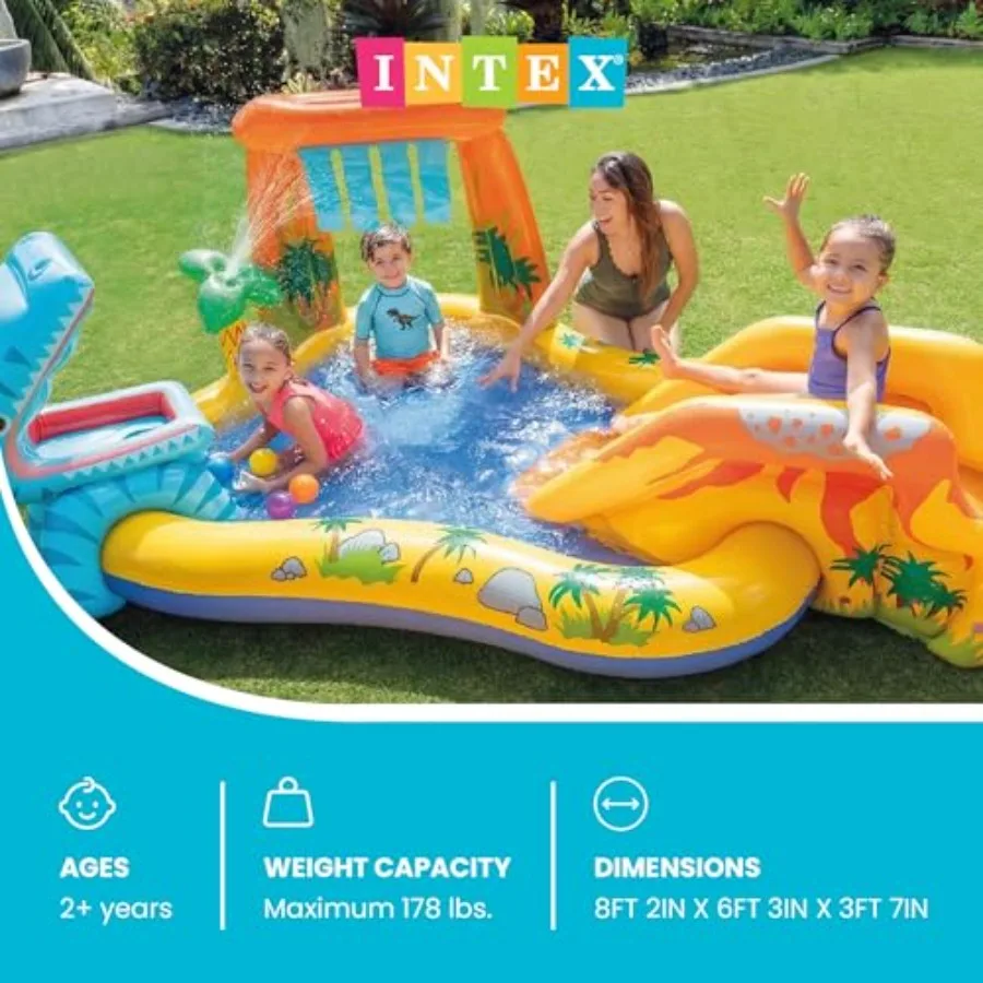 Outdoor inflatable dinosaur play center with PVC material, multicolor design, featuring kid pool, slide, water sprayer, waterfa