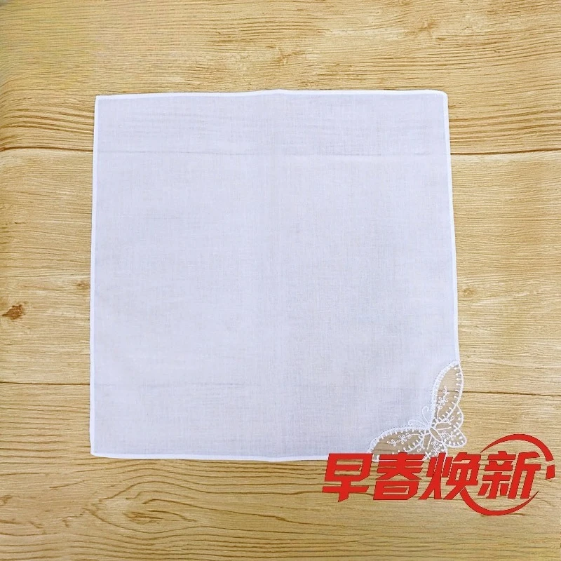 12 ชิ้น 28 ซม. ผ้าฝ้ายแท้ ผ้าเช็ดหน้าลูกไม้สีขาวบริสุทธิ์