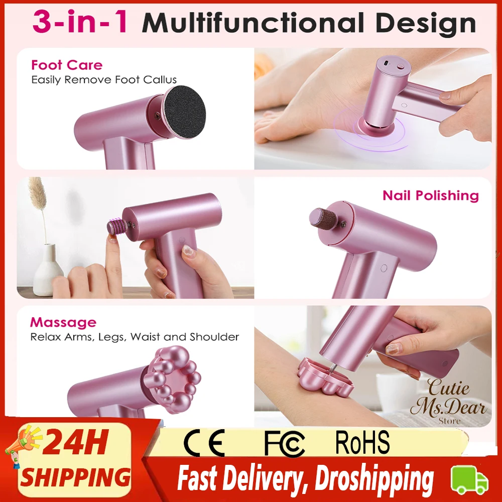 3 في 1 الكهربائية مزيل مسامير القدم قابلة للشحن الكهربائية ملف القدم طاحونة الأظافر أدوات باديكير مع 20 قطعة الصنفرة الجلد الميت