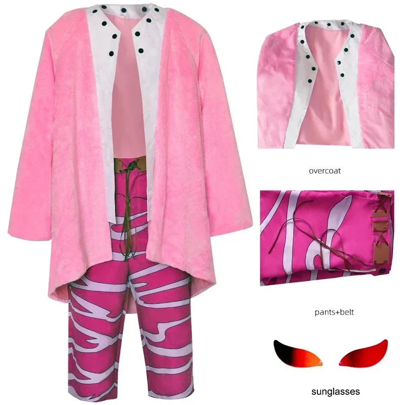 Anime Donquixote Doflamingo Cosplay Costume Adult Men Eyeglass Pink Shirt Coat Outfits Halloween Carnival Party Disguise Suit