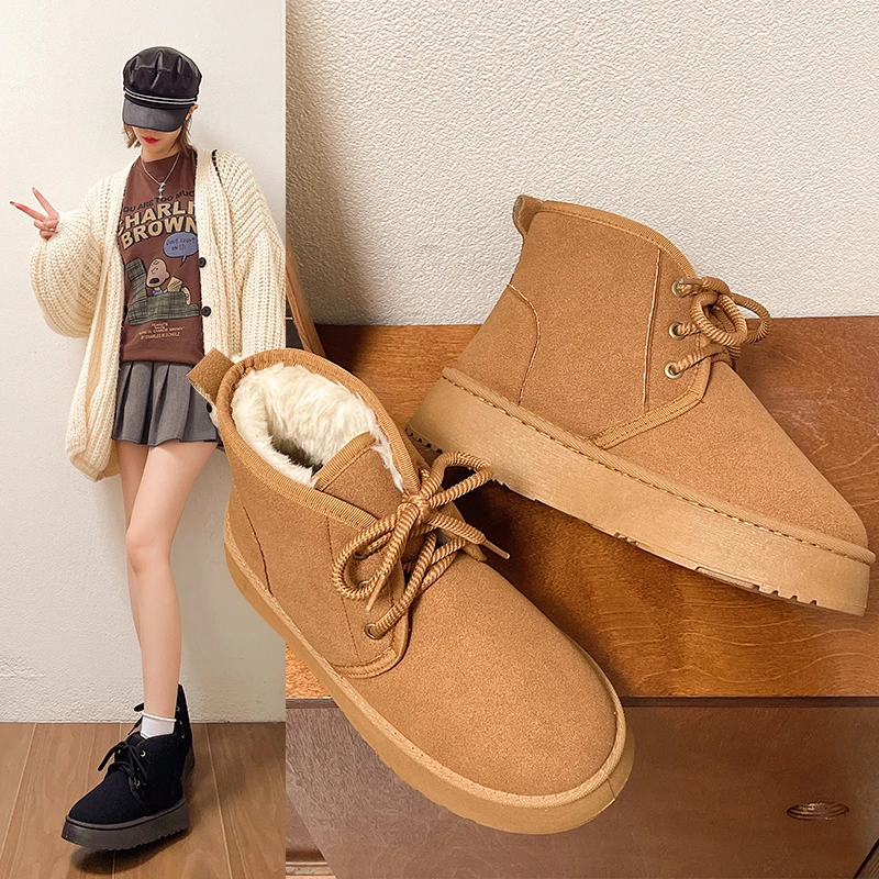 

Autumn Winter Lace Up Platform Snow Boots Women Warm Thick Plush Cotton Padded Shoes Woman Comfort Thick Bottom Ankle Botas