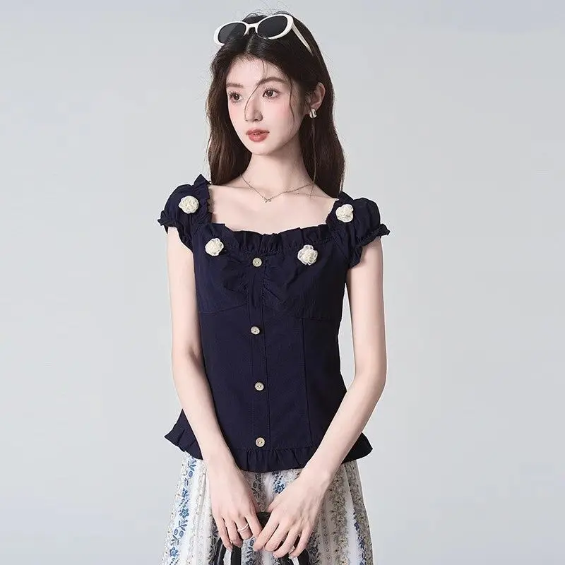 Petit haut coréen pour femmes, coupe cintrée, polyvalent, mode tempérament, Style de vacances, imprimé Floral bleu, été 2025