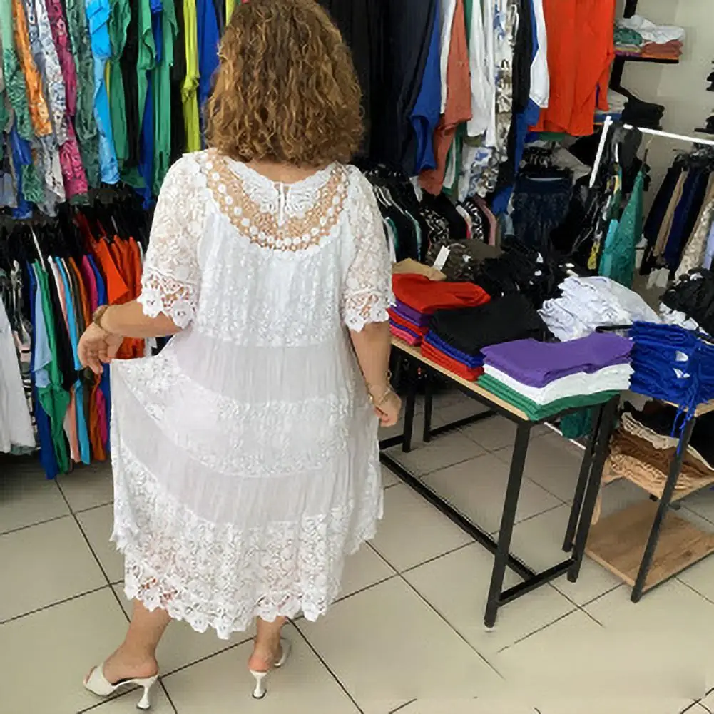 Vestido branco para mulheres, crochê, boêmio, solto, casual, longo, babados, férias, verão