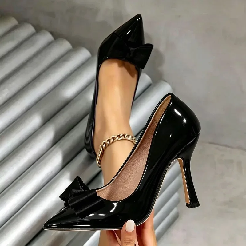Black Patent Leather Women Pumps Sexy Pointed Toe Bow Detail High Heels for Ladies Ultra Heels Party Shoe Elegant Women’s Shoes