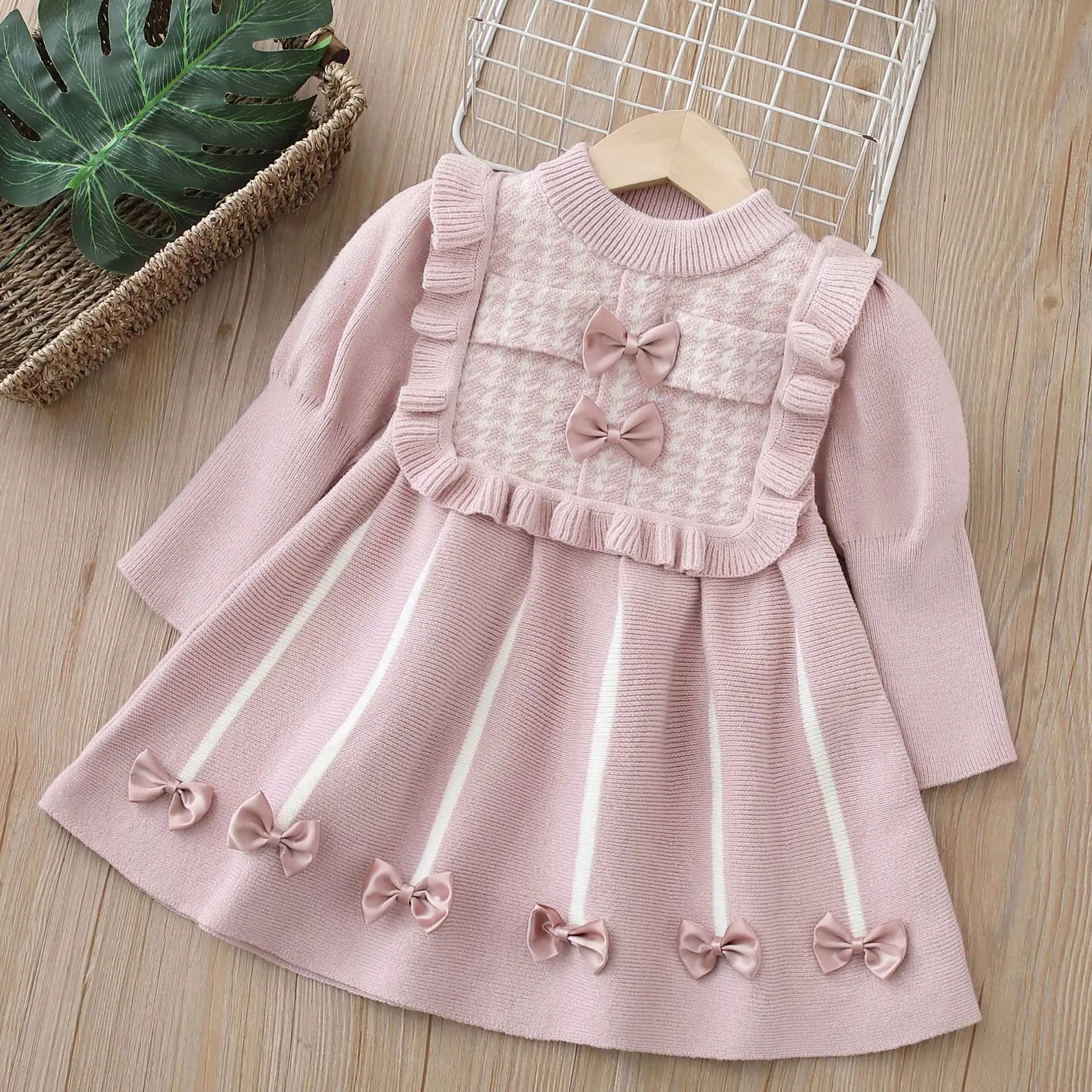 Children\'s Sweaters Bow Sweater Dress Little Fragrance Sweet Knit Dress Baby Girl Winter Clothes Girls Dresses for 2 To 6 Years