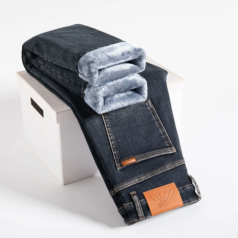 2026 Winter Super Thick Fleece Warm Cotton Stretch Men's Business Casual Mid-Rise Jeans Large Size High Quality Trousers