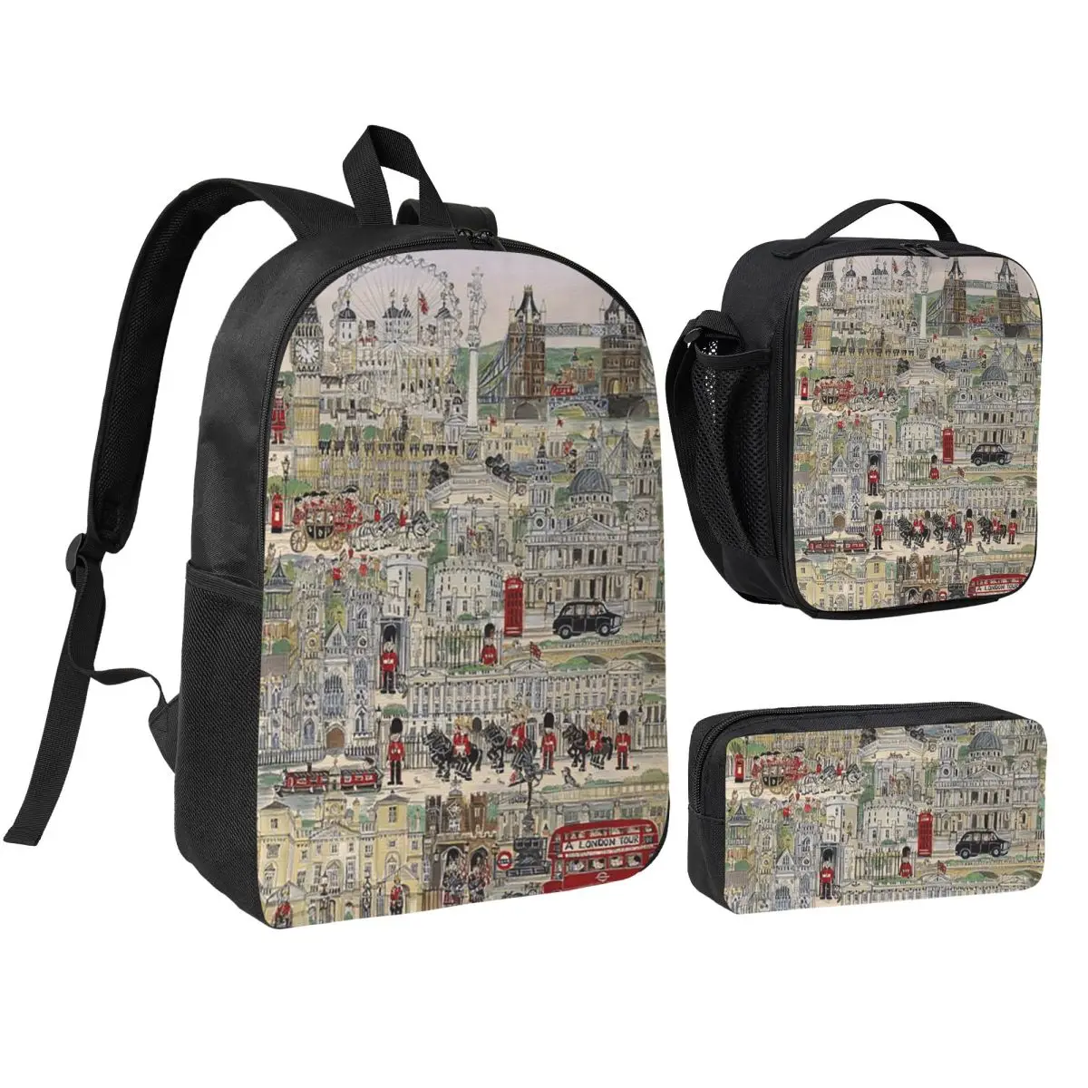 Vibrant London Big Ben London And Red Bus Backpack Kids BookBag School Bag Shoulder Bags 3ps Insulated Lunch Bag Pencil Case