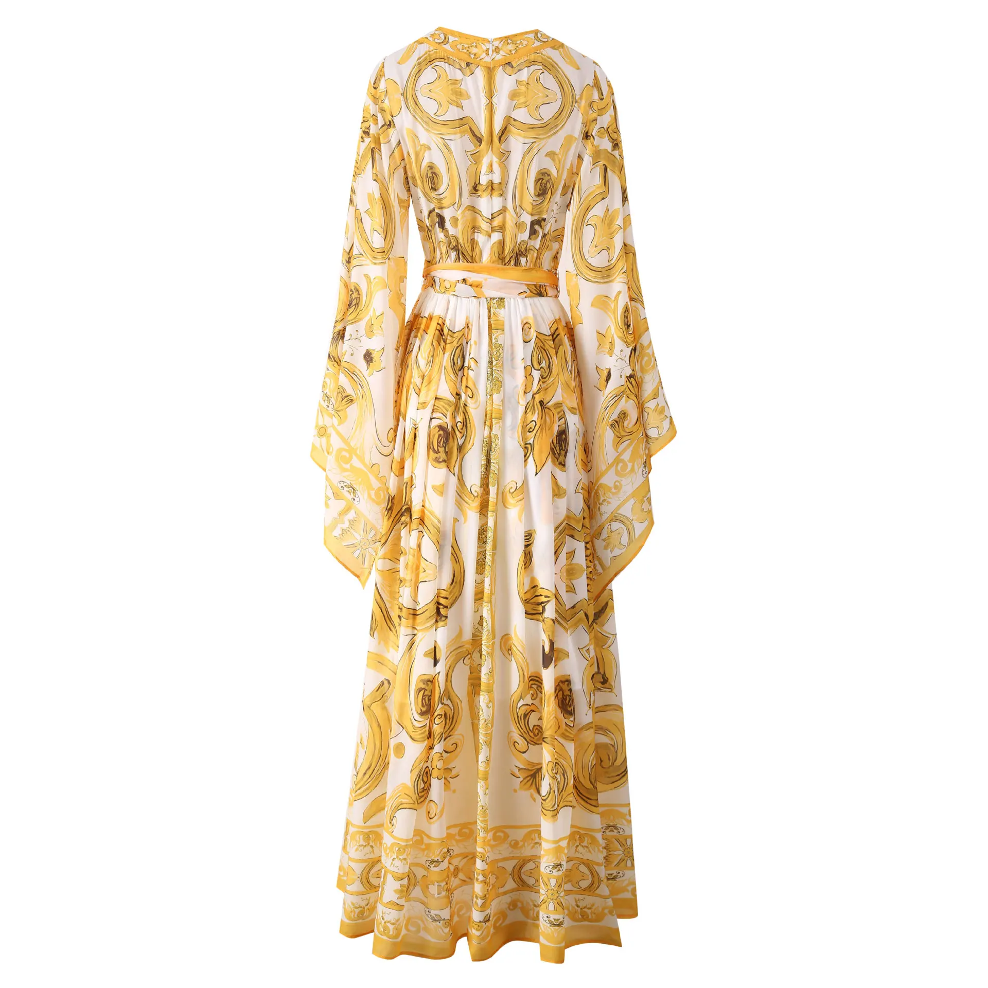 Wein  Lady Women's Chiffon Silk Printed Large Swing V-neck Flying Sleeves Yellow Porcelain Dress Cross-border Women's Long Skirt