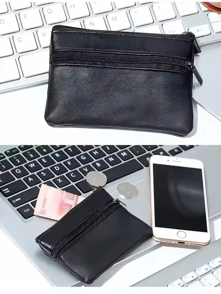 Schwarze Leder-Geldbörse, geeignet für Männer und Frauen, Mini-Geldbörsen mit Reißverschluss, kleine Geldbörsen, lässiger Kartenhalter, Schlüsselhalter – Detail 5