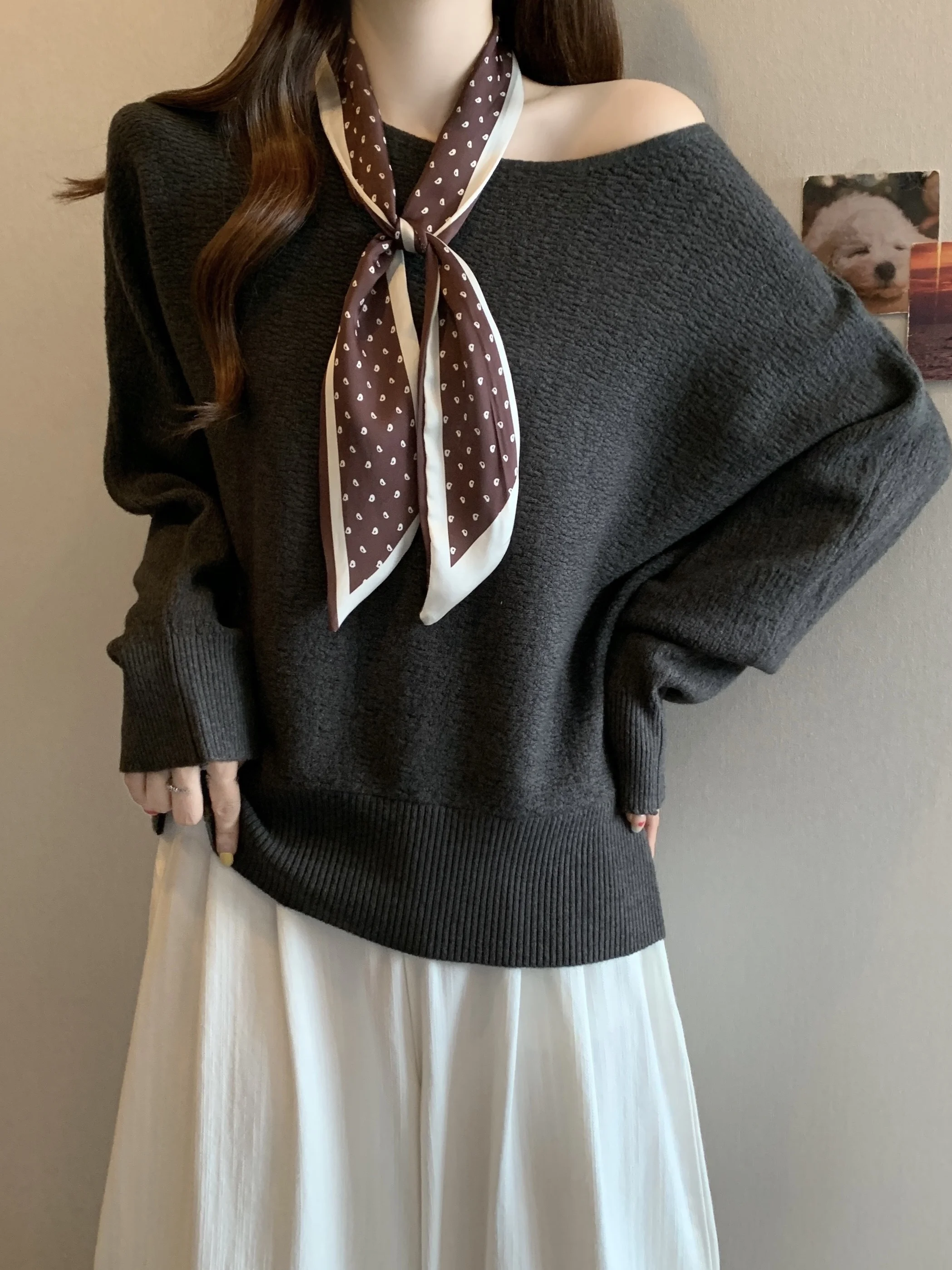 

Женский корейский свитер больших размеров с рукавами «летучая мышь», вязаный, с завязками, свободного кроя, укороченный, с длинными рукавами, визуально стройнящий