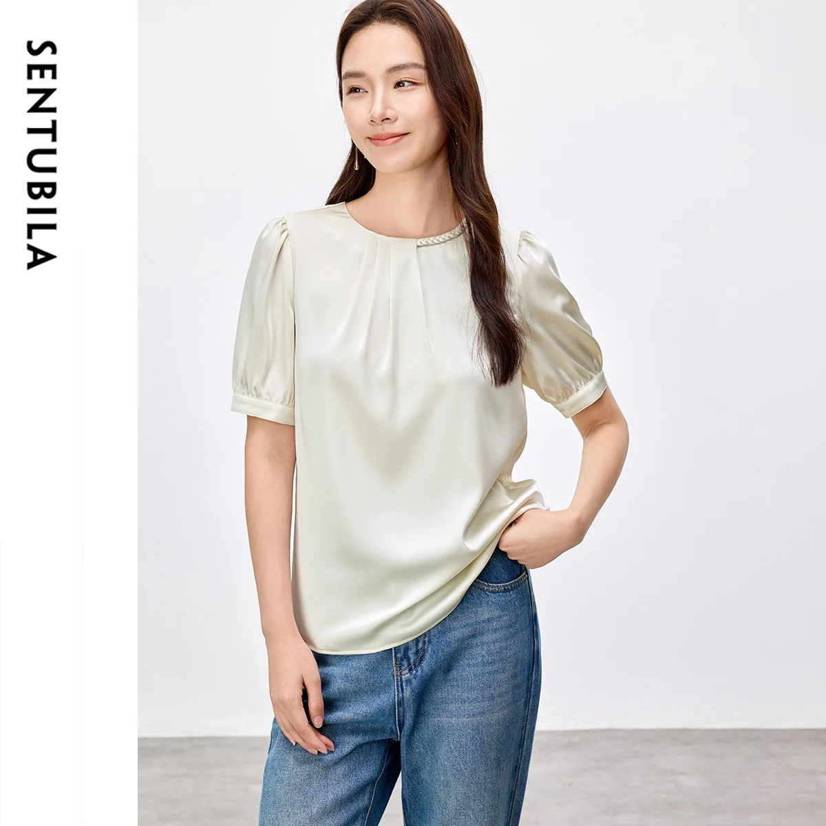 

SENTUBILA Luxury Satin Blouses Woman 2025 Summer Business Workwear O Neck Puff Sleeve Commuting Folds Shirt Top 152V59085