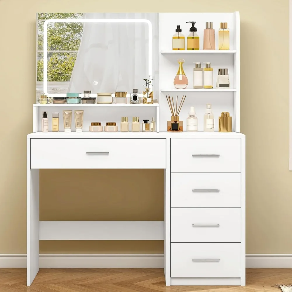 

Makeup Vanity Desk with LIighted Mirror, Vanity Desk with 5 Drawers & Storage Shelves, Vanity Table, 3 Color Modes & Adju