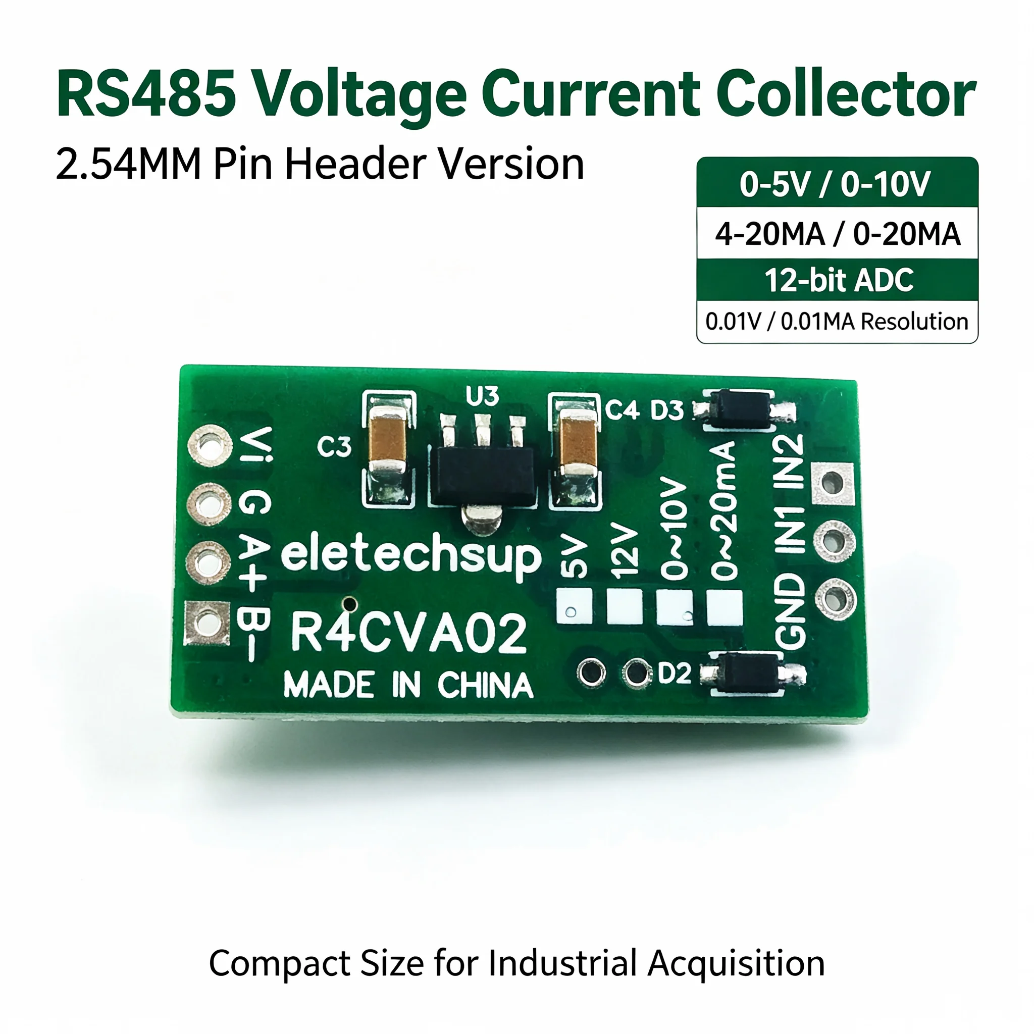 Mini 2CH RS485 ADC Analog Collector Module 0-5V 0-10V 4-20mA 0-20mA Voltage Current AI Input UART Serial Board for PLC Expansion