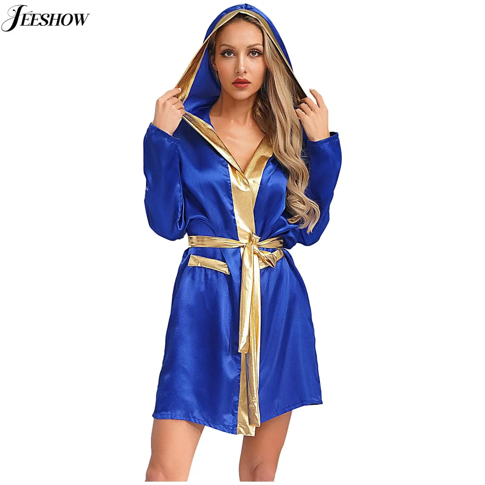 

Womens Satiny Boxing Robe with Waist Belt Kickboxing Boxer Costume Shiny Metallic Patchwork Open Front Hooded Kick Boxing Robe