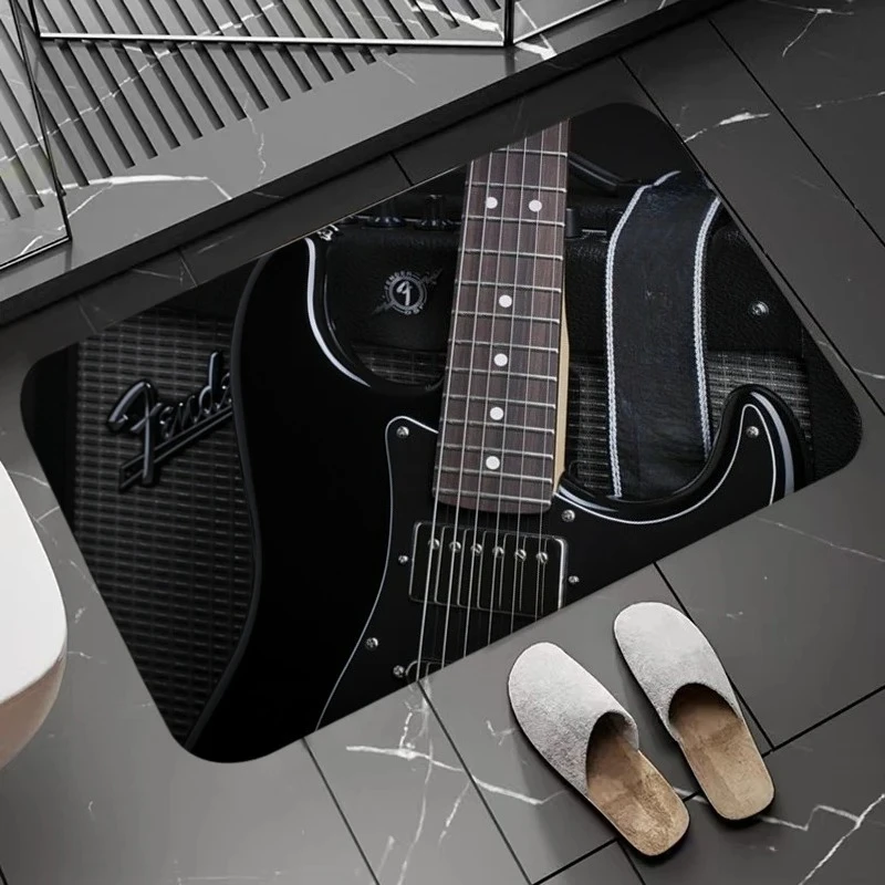 White Electric Guitar Print Doormat Non Slip Rock Music Lover Bathroom Entry Floor Mat