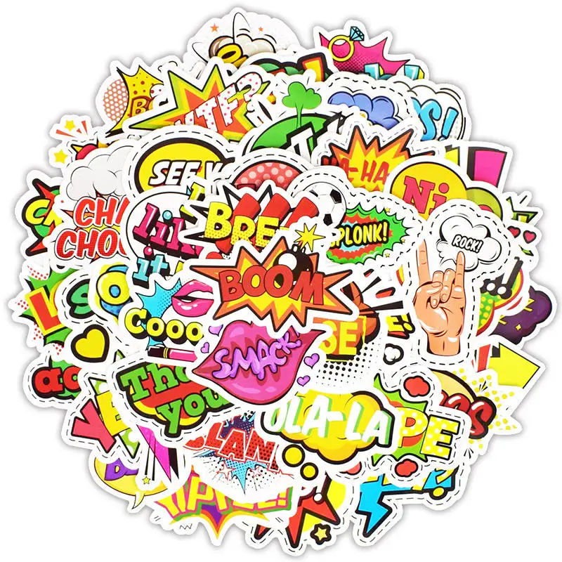 50 PCS Cool Hip-pop Text Stickers Pop Art Vinyl Waterproof Decals Stickers for Scrapbook Skateboard Laptop Gift for Kids Teens