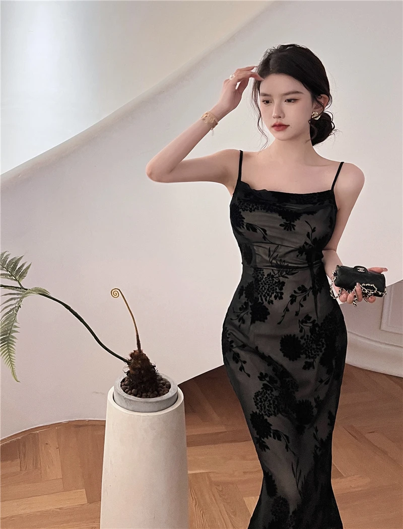 Robe sirène en dentelle noire pour femme, robe de club élégante, sangle vintage, broderie florale, robe midi, sexy et éducative