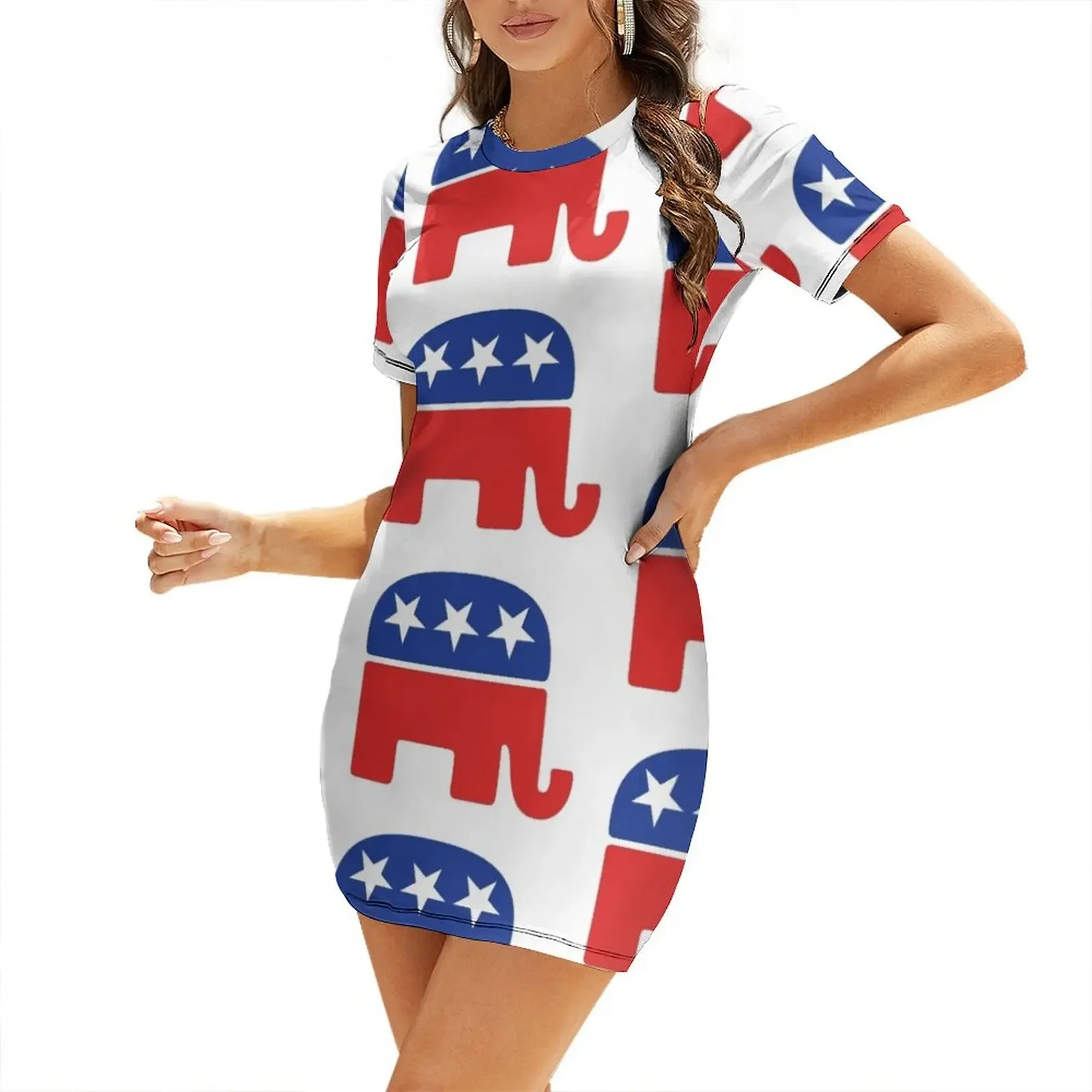 

Republican Logo GOP USA Elephant red and blue with stars HD HIGH QUALITY Short-Sleeved Dress Woman dresses
