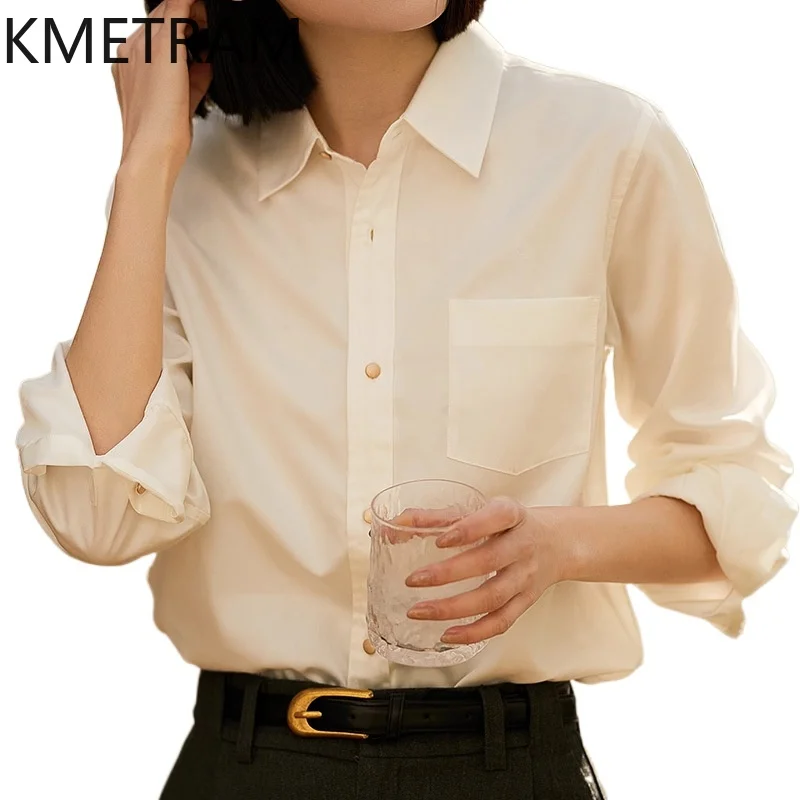 

KMETRAM 100% Cotton Shirt for Woman Elegant Pearl White Blouse Casual Office Ladies Tops 2026 Spring Women Clothes блузкаженская